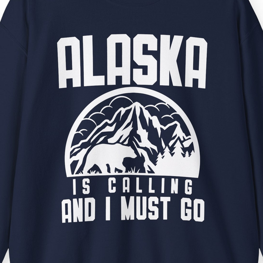 Alaska Is Calling Shirt Sweatshirt – Navy – Alaska Cruise Shirts Close Up