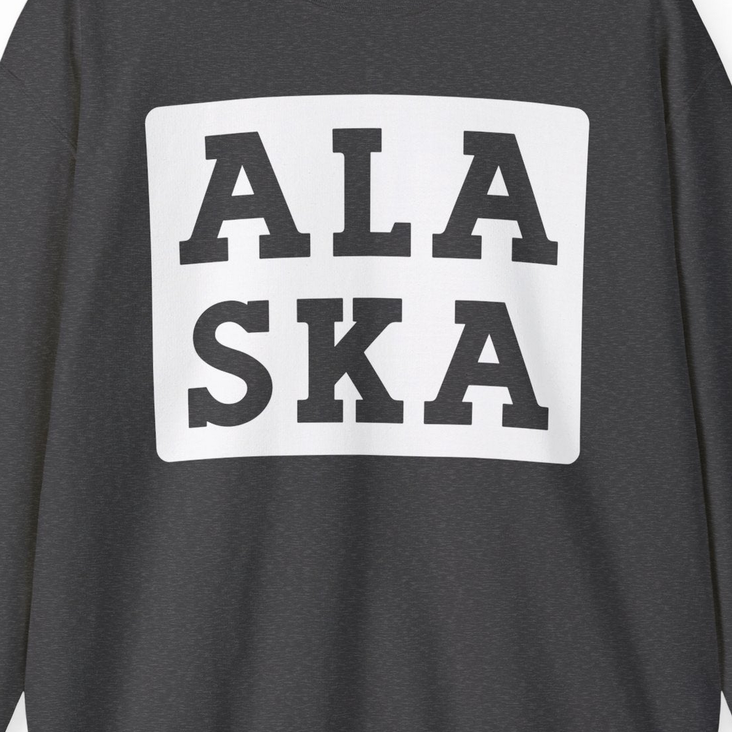 Bold Alaska Block Text Shirt Sweatshirt – Dark Heather – Alaska Cruise Shirts Close Up