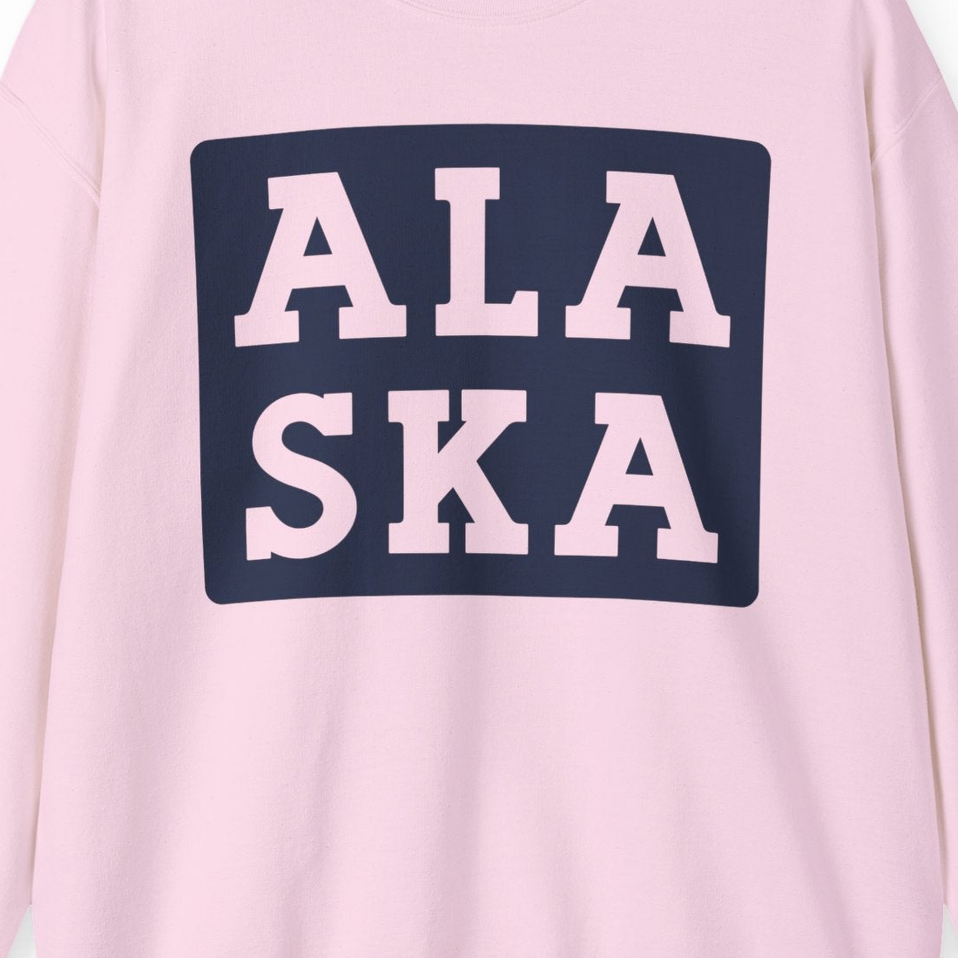 Bold Alaska Block Text Shirt Sweatshirt – Light Pink – Alaska Cruise Shirts Close Up