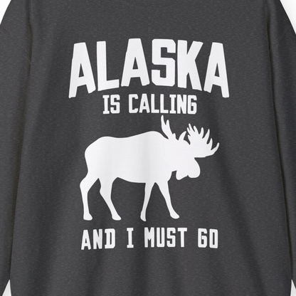 Alaska Is Calling Moose Silhouette Shirt Sweatshirt – Dark Heather – Alaska Cruise Shirts Close Up
