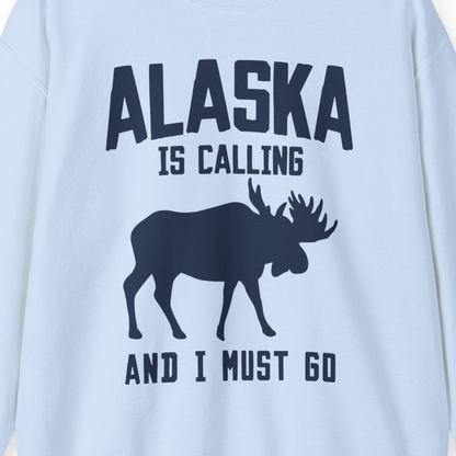 Alaska Is Calling Moose Silhouette Shirt Sweatshirt – Light Blue – Alaska Cruise Shirts Close Up