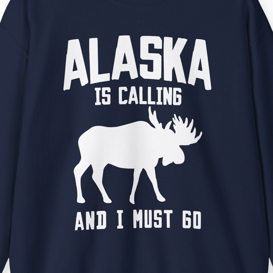 Alaska Is Calling Moose Silhouette Shirt Sweatshirt – Navy – Alaska Cruise Shirts Close Up