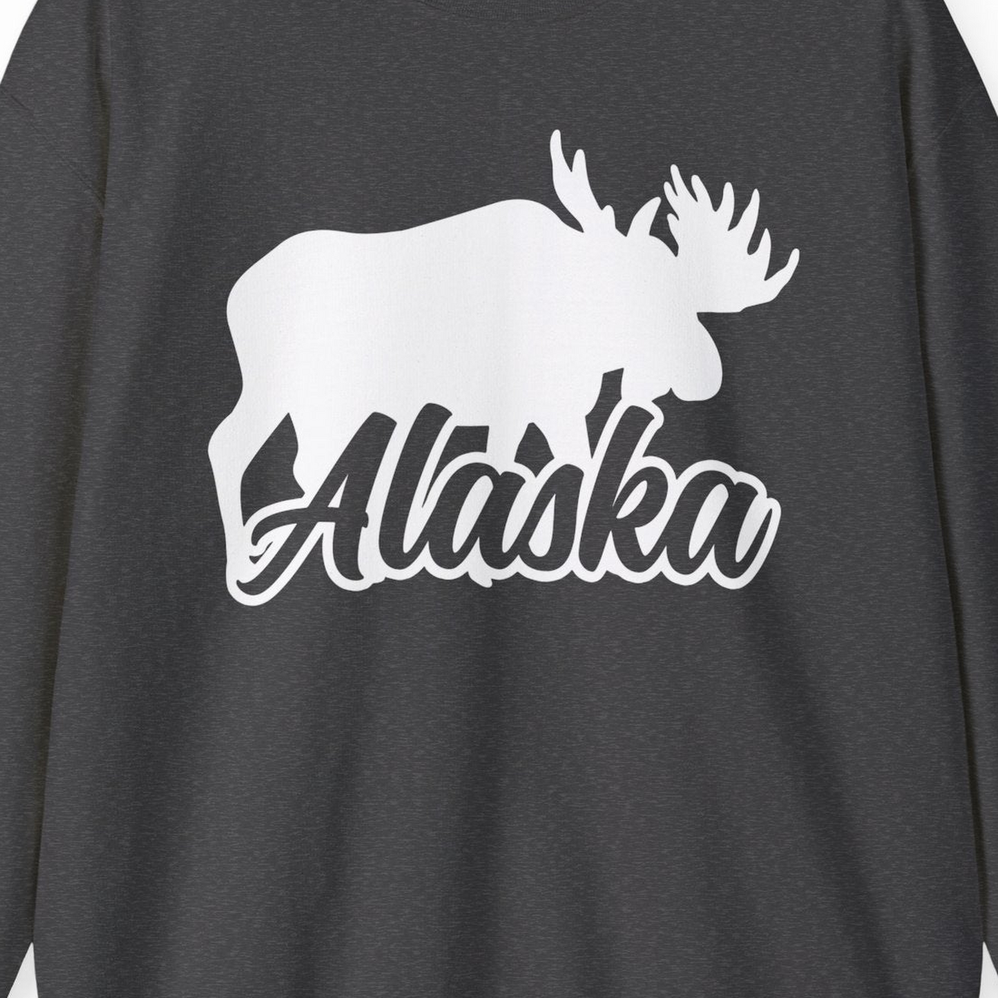 Alaska Moose Wildlife Silhouette Shirt Sweatshirt – Dark Heather – Alaska Cruise Shirts Close Up