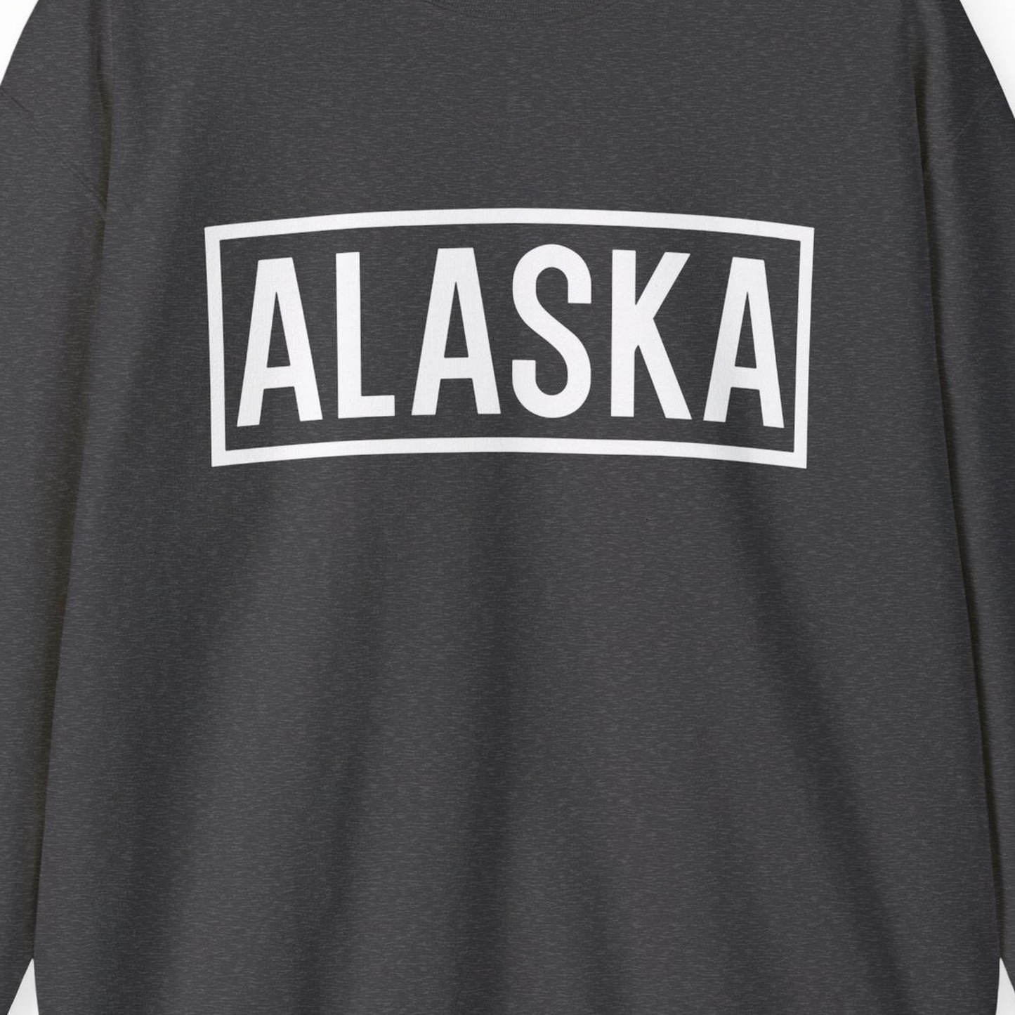 Alaska Bold Text Minimalist Monochrome Graphic Shirt for Travelers — Sweatshirt Sweatshirt – Dark Heather – Alaska Cruise Shirts Close Up