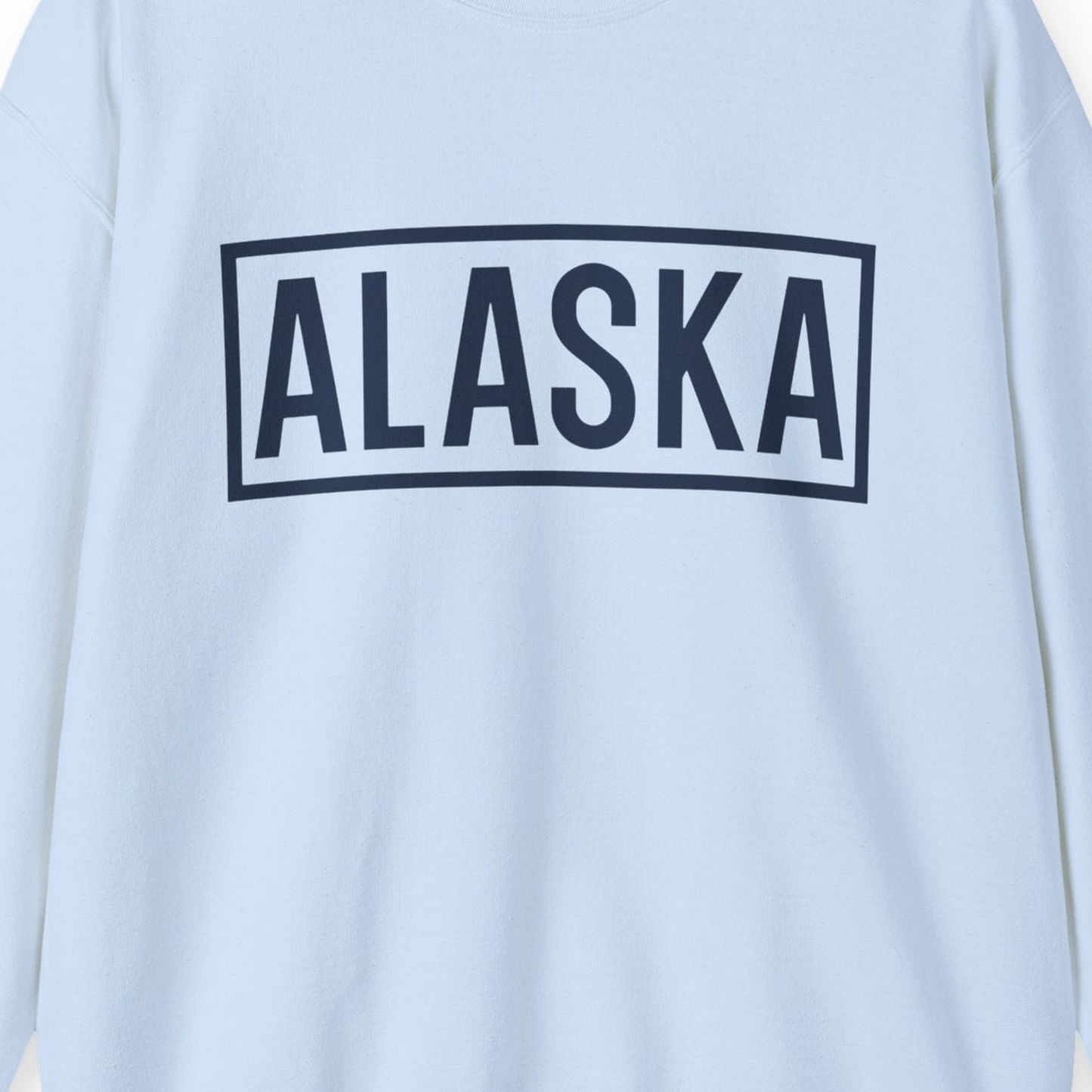 Alaska Bold Text Minimalist Monochrome Graphic Shirt for Travelers — Sweatshirt Sweatshirt – Light Blue – Alaska Cruise Shirts Close Up