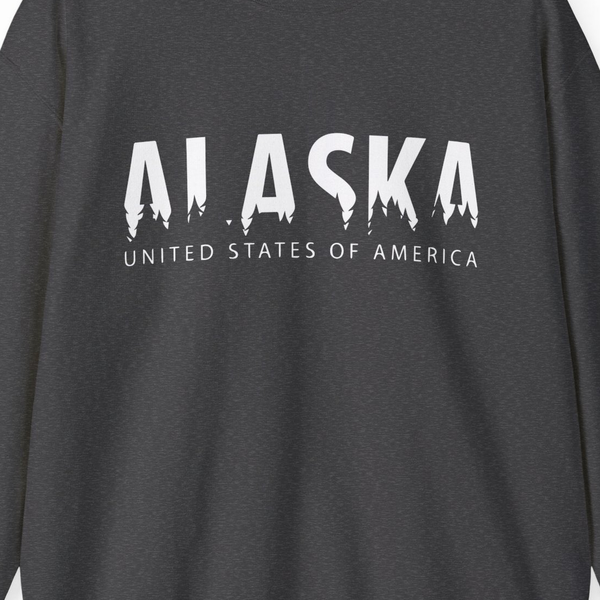 Alaska United States Typography Shirt Sweatshirt – Dark Heather – Alaska Cruise Shirts Close Up