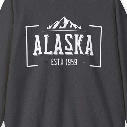Vintage Alaska Estd 1959 Shirt Sweatshirt – Dark Heather – Alaska Cruise Shirts Close Up