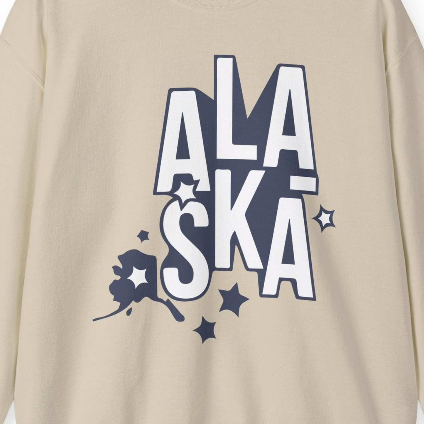 Alaska Stars Bold Typography Shirt Sweatshirt – Sand – Alaska Cruise Shirts Close Up