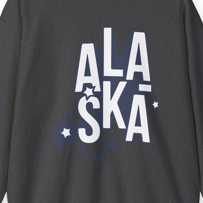 Alaska Stars Bold Typography Shirt Sweatshirt – Dark Heather – Alaska Cruise Shirts Close Up