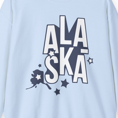 Alaska Stars Bold Typography Shirt Sweatshirt – Light Blue – Alaska Cruise Shirts Close Up