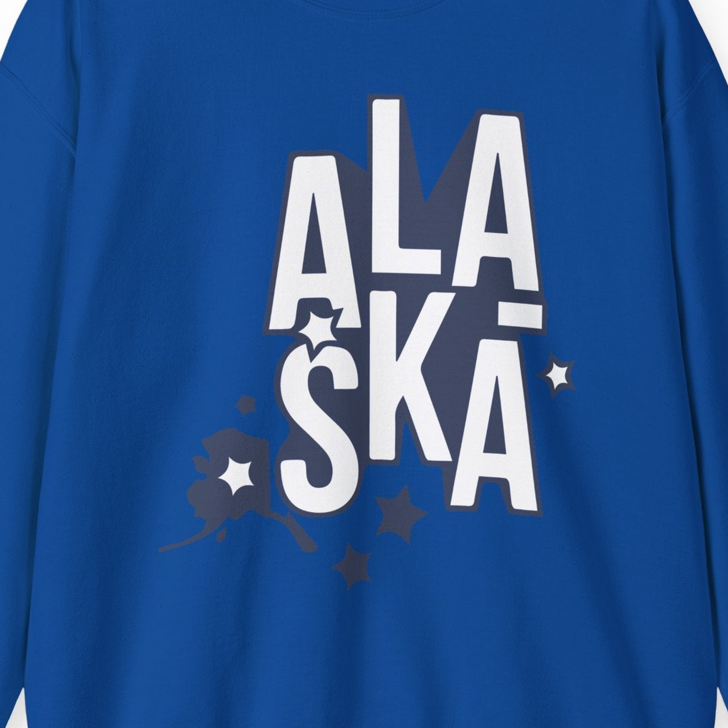 Alaska Stars Bold Typography Shirt Sweatshirt – Royal – Alaska Cruise Shirts Close Up