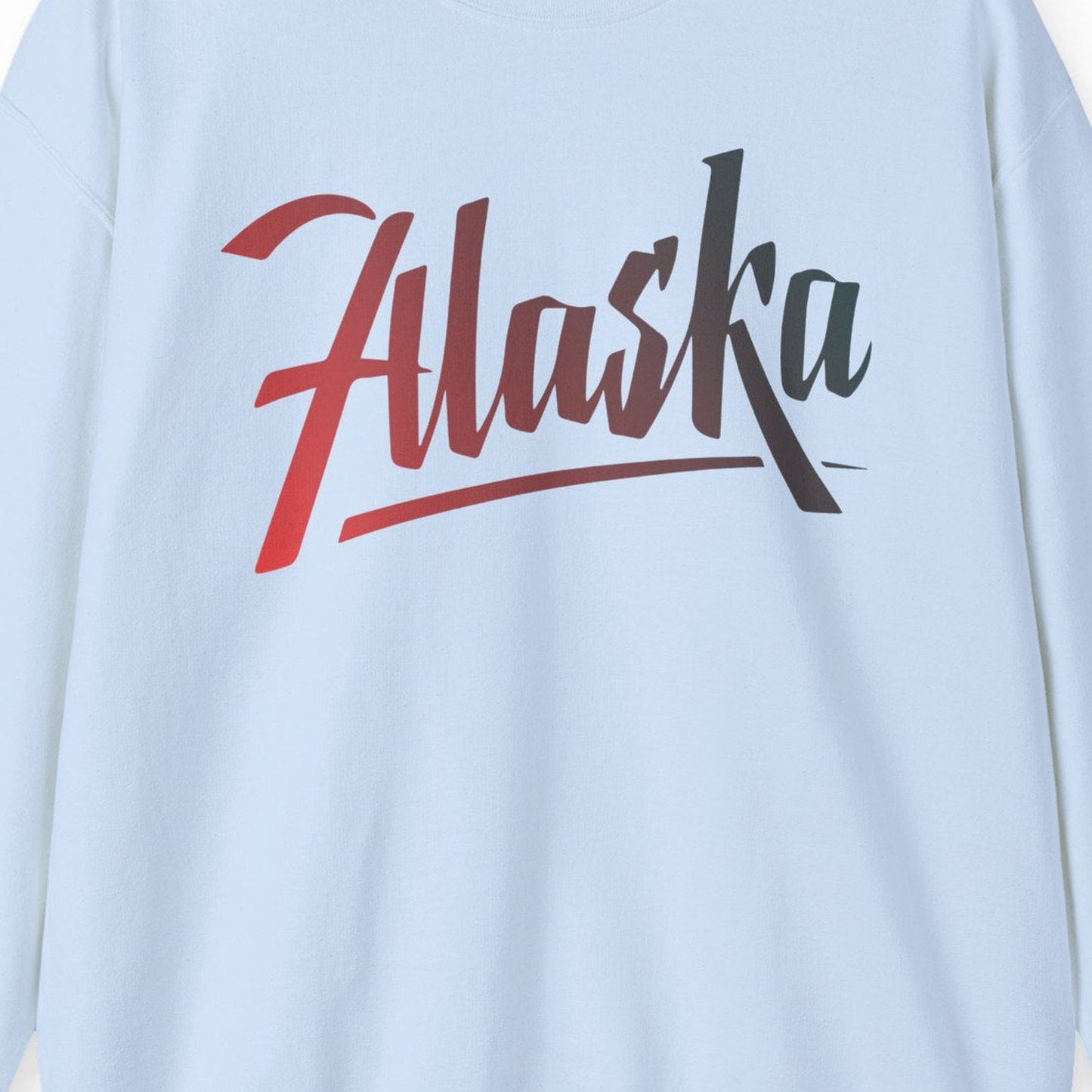 Alaska Script Wordmark Shirt Sweatshirt – Light Blue – Alaska Cruise Shirts Close Up