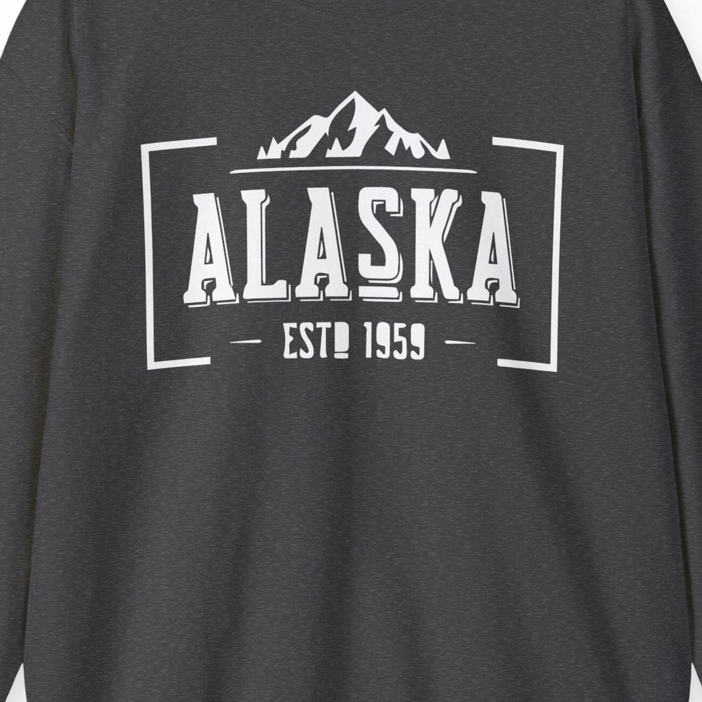 Alaska Mountain Vintage Shirt Sweatshirt – Dark Heather – Alaska Cruise Shirts Close Up