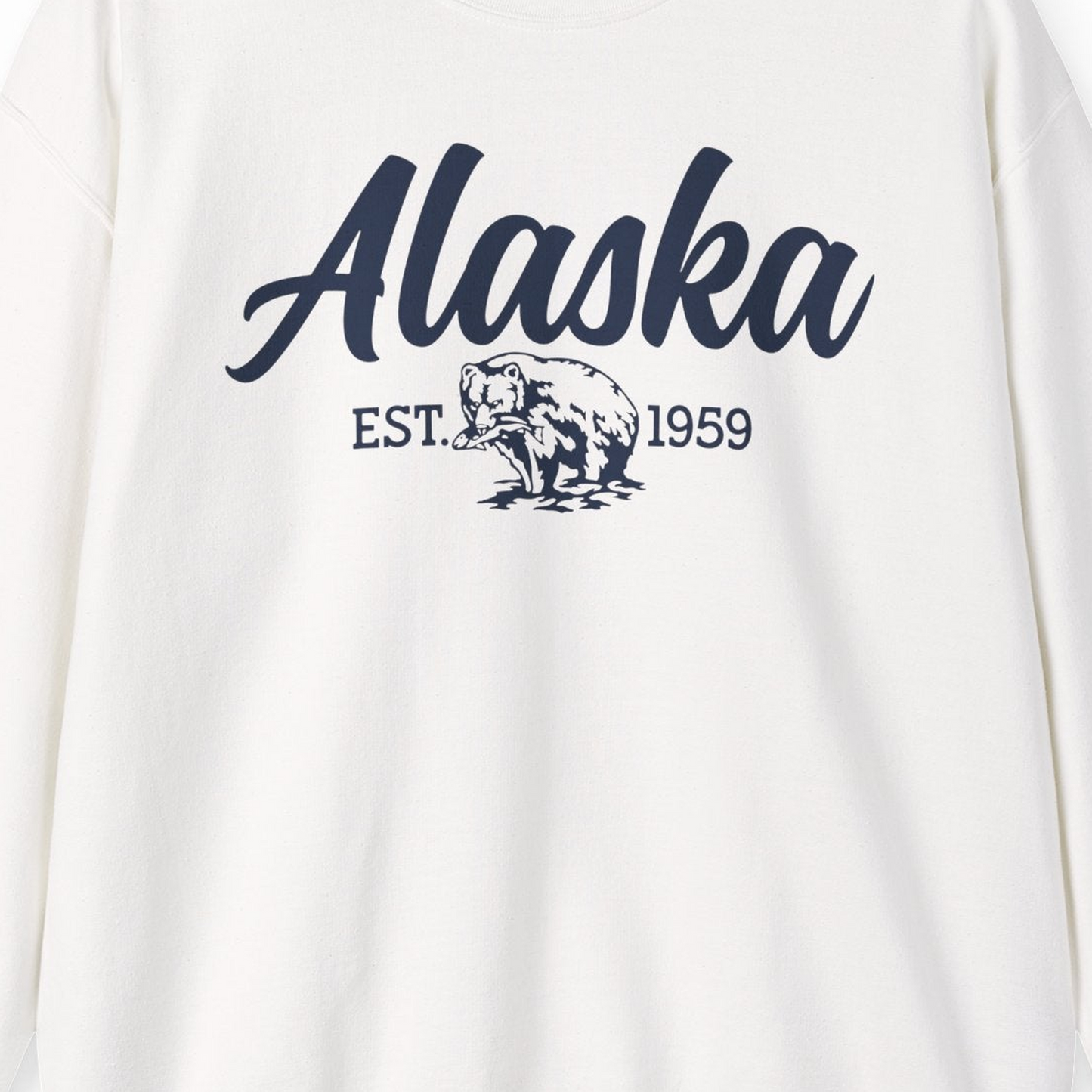 Alaska Bear Est 1959 Vintage Wildlife Graphic Monochrome Shirt — Sweatshirt Sweatshirt – White – Alaska Cruise Shirts Close Up