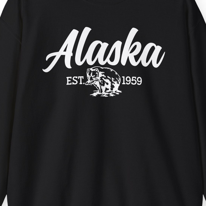 Alaska Bear Est 1959 Vintage Wildlife Graphic Monochrome Shirt — Sweatshirt Sweatshirt – Black – Alaska Cruise Shirts Close Up
