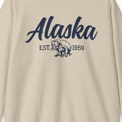 Alaska Bear Est 1959 Vintage Wildlife Graphic Monochrome Shirt — Sweatshirt Sweatshirt – Sand – Alaska Cruise Shirts Close Up