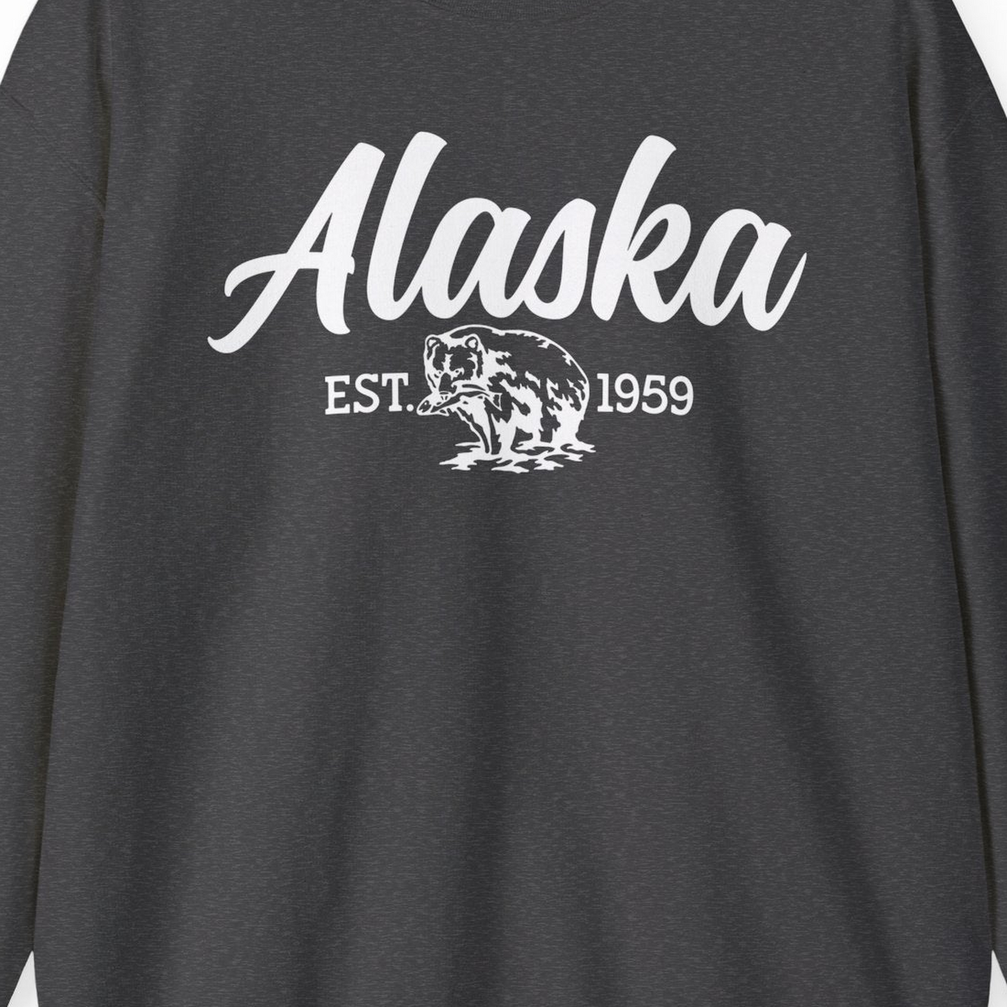 Alaska Bear Est 1959 Vintage Wildlife Graphic Monochrome Shirt — Sweatshirt Sweatshirt – Dark Heather – Alaska Cruise Shirts Close Up