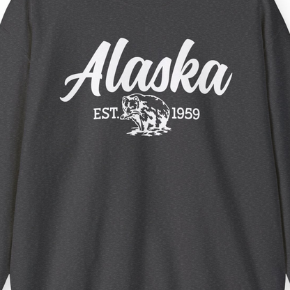 Alaska Bear Est 1959 Vintage Wildlife Graphic Monochrome Shirt — Sweatshirt Sweatshirt – Dark Heather – Alaska Cruise Shirts Close Up