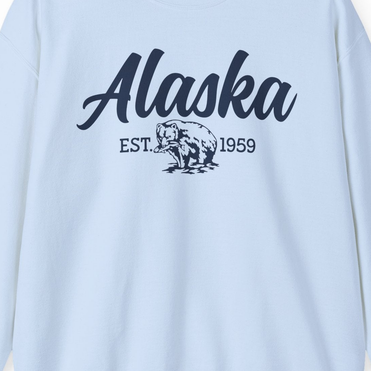 Alaska Bear Est 1959 Vintage Wildlife Graphic Monochrome Shirt — Sweatshirt Sweatshirt – Light Blue – Alaska Cruise Shirts Close Up