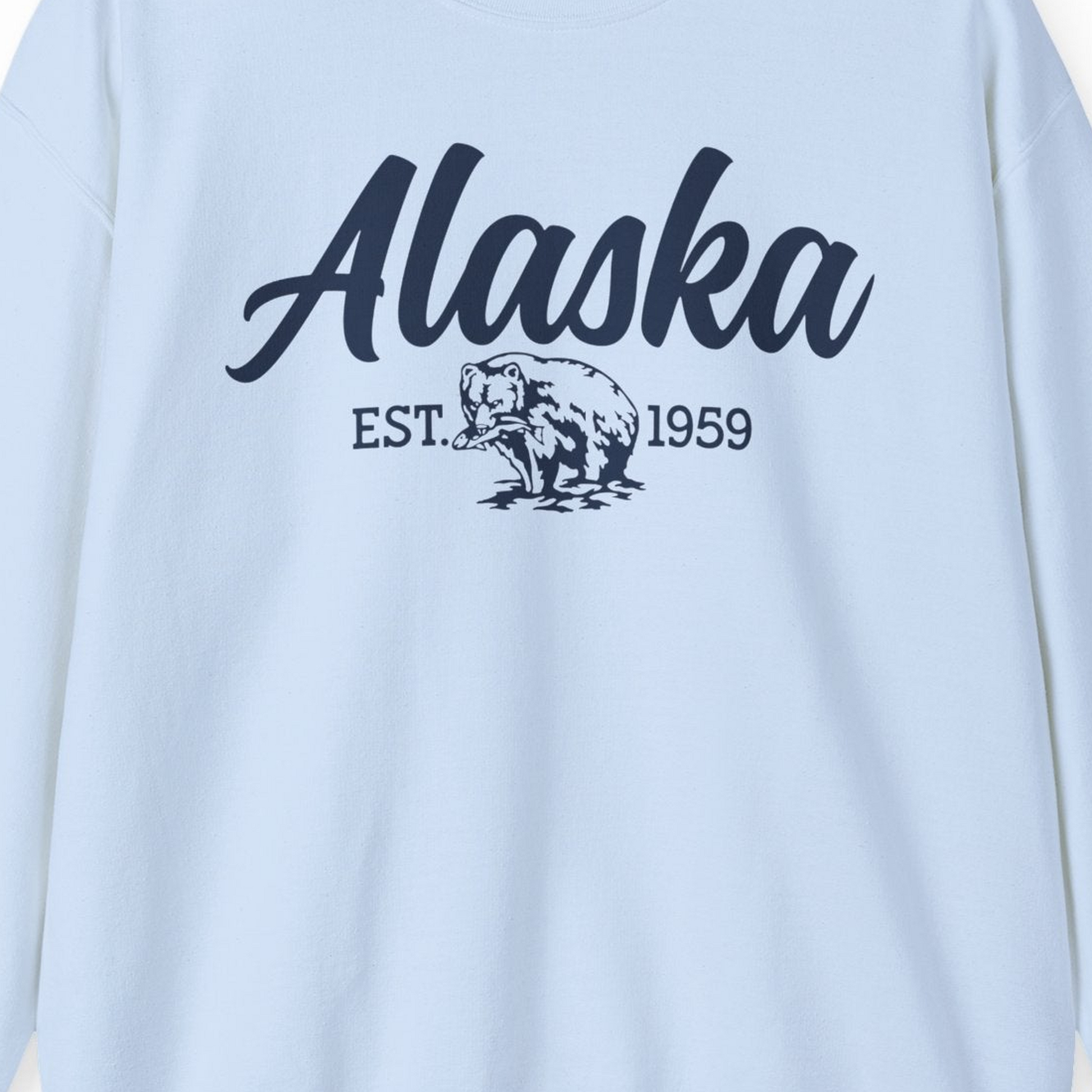 Alaska Bear Est 1959 Vintage Wildlife Graphic Monochrome Shirt — Sweatshirt Sweatshirt – Light Blue – Alaska Cruise Shirts Close Up