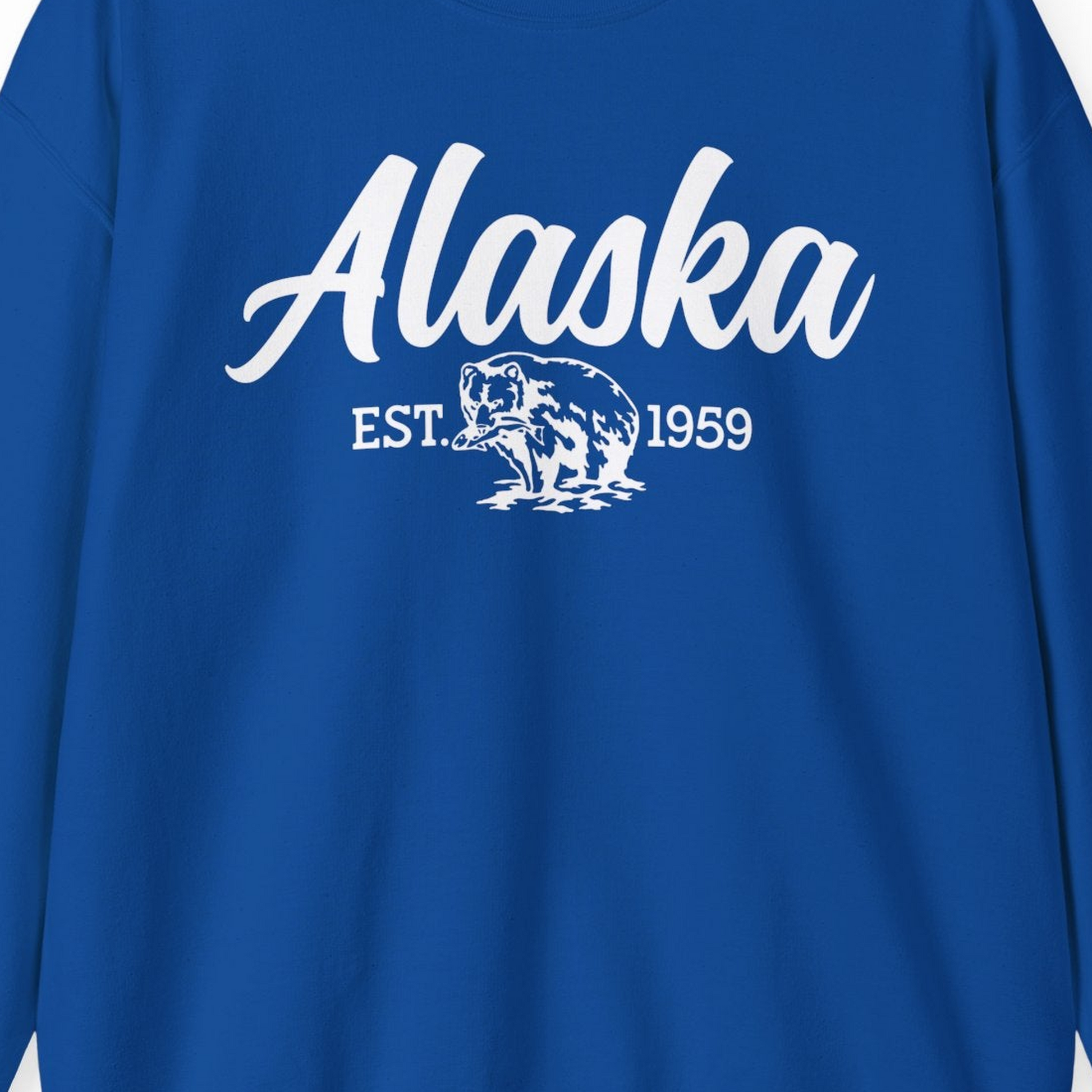Alaska Bear Est 1959 Vintage Wildlife Graphic Monochrome Shirt — Sweatshirt Sweatshirt – Royal – Alaska Cruise Shirts Close Up