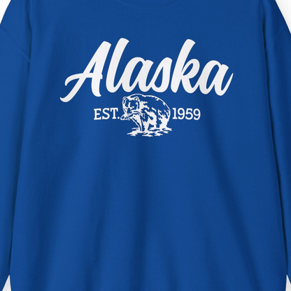 Alaska Bear Est 1959 Vintage Wildlife Graphic Monochrome Shirt — Sweatshirt Sweatshirt – Royal – Alaska Cruise Shirts Close Up