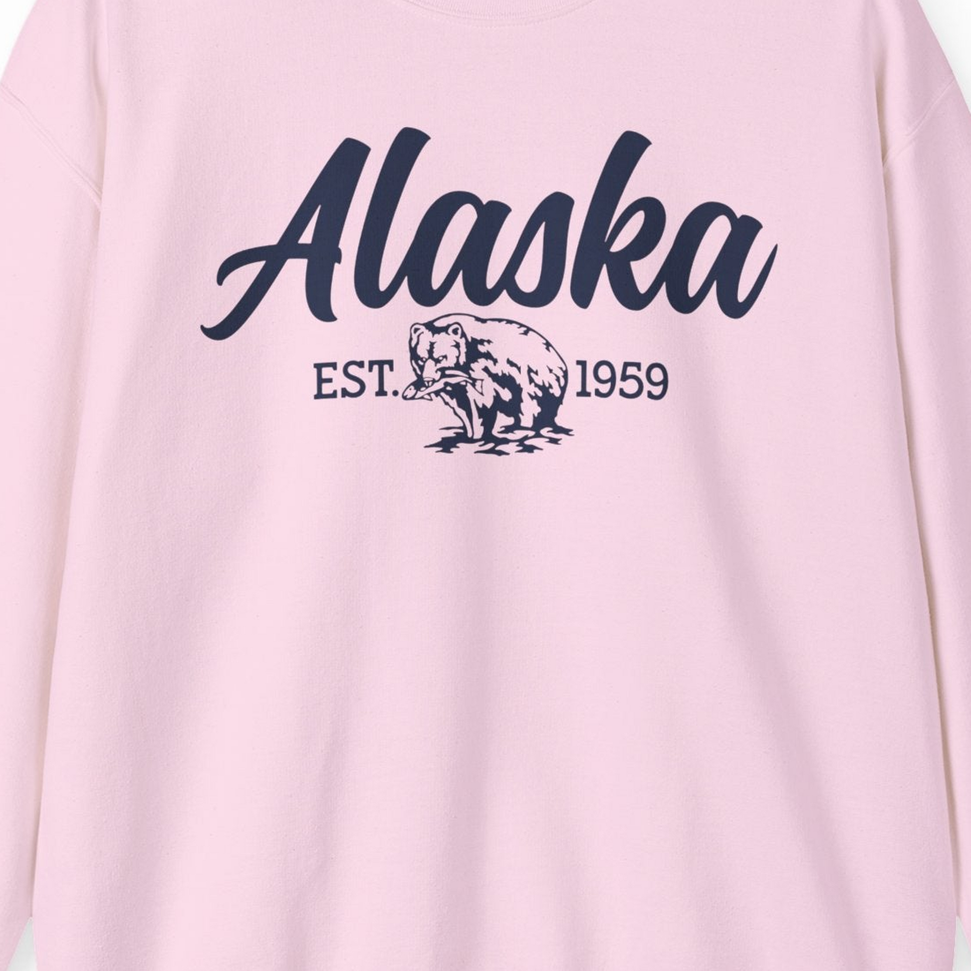 Alaska Bear Est 1959 Vintage Wildlife Graphic Monochrome Shirt — Sweatshirt Sweatshirt – Light Pink – Alaska Cruise Shirts Close Up