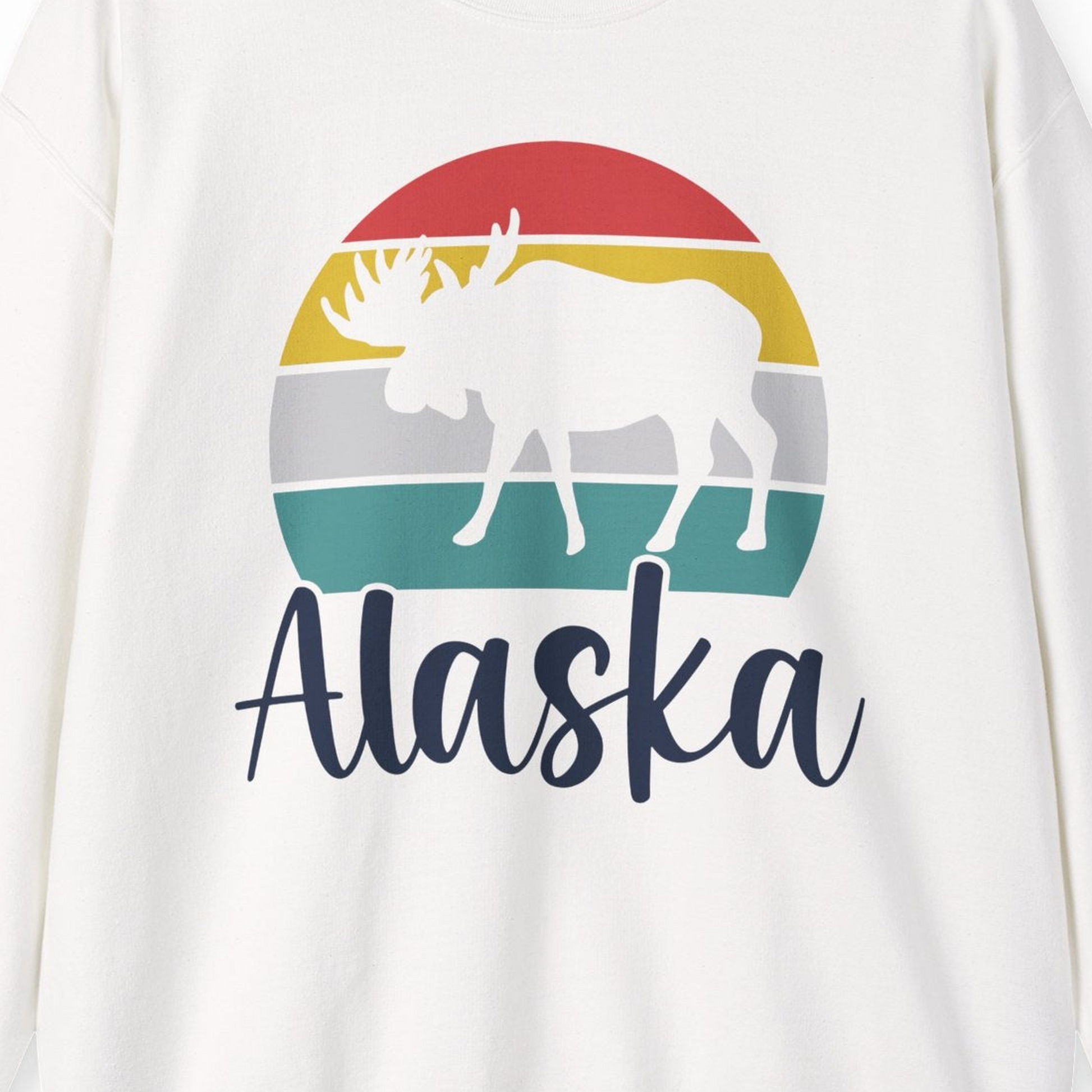 Retro Alaska Moose Silhouette Shirt Sweatshirt – White – Alaska Cruise Shirts Close Up