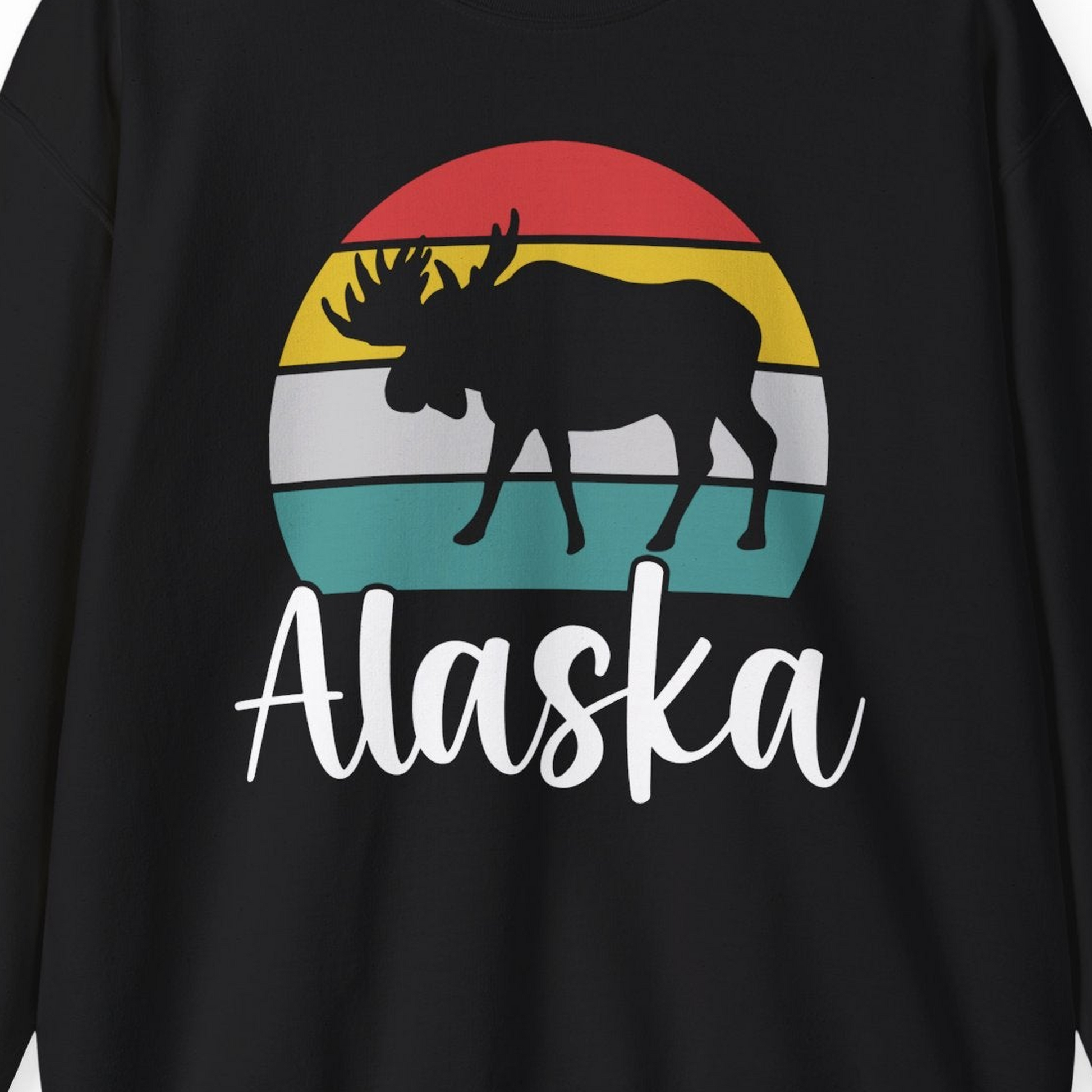 Retro Alaska Moose Silhouette Shirt Sweatshirt – Black – Alaska Cruise Shirts Close Up
