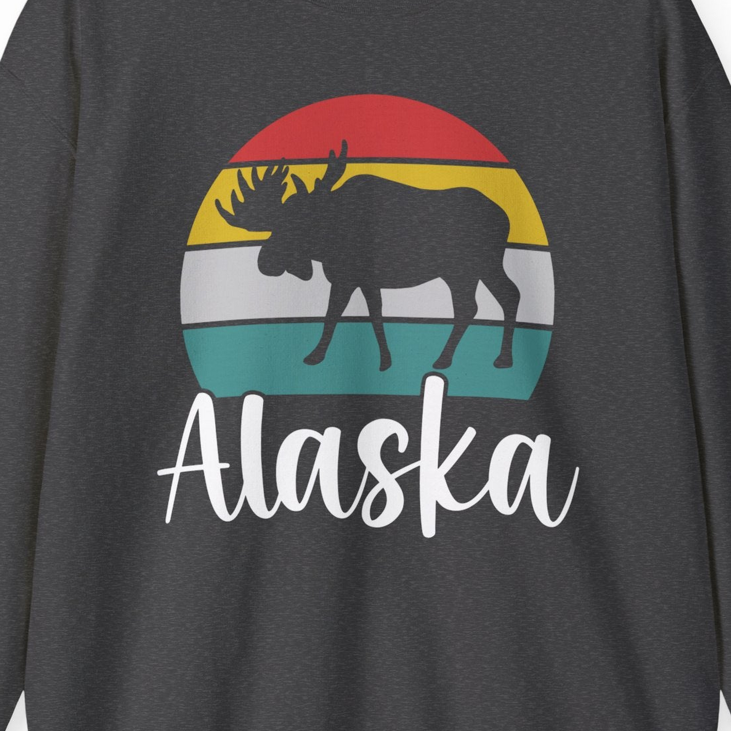 Retro Alaska Moose Silhouette Shirt Sweatshirt – Dark Heather – Alaska Cruise Shirts Close Up