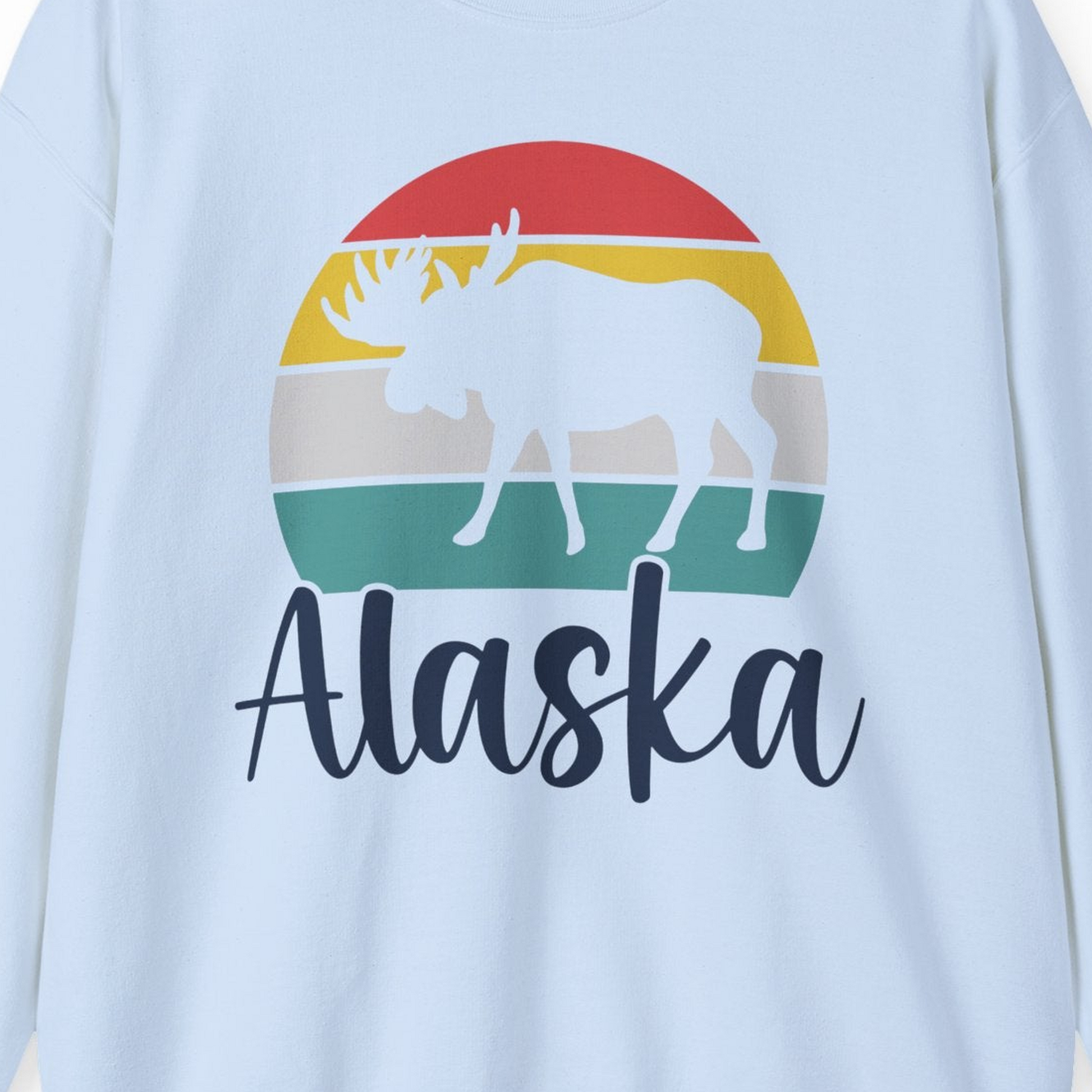 Retro Alaska Moose Silhouette Shirt Sweatshirt – Light Blue – Alaska Cruise Shirts Close Up