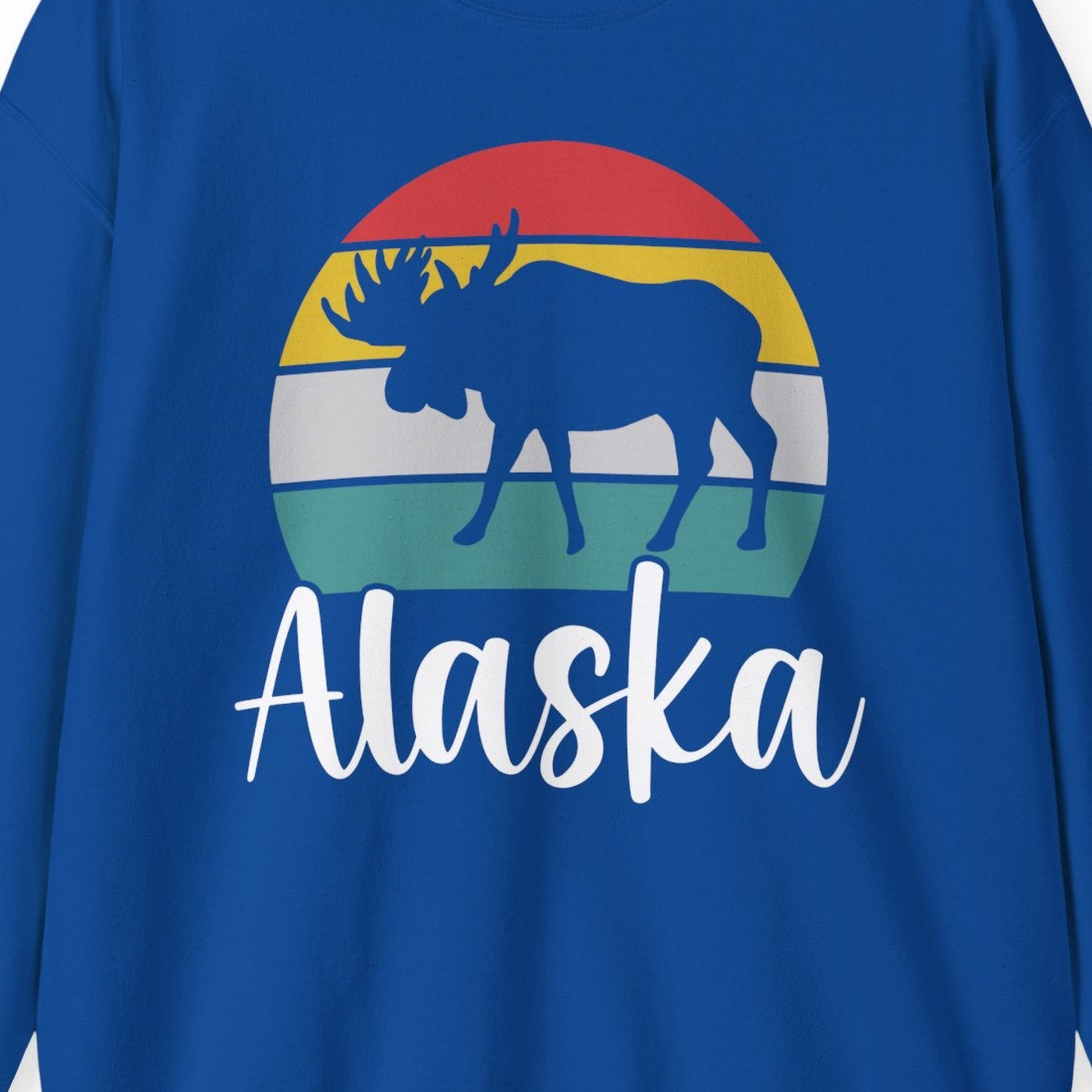 Retro Alaska Moose Silhouette Shirt Sweatshirt – Royal – Alaska Cruise Shirts Close Up