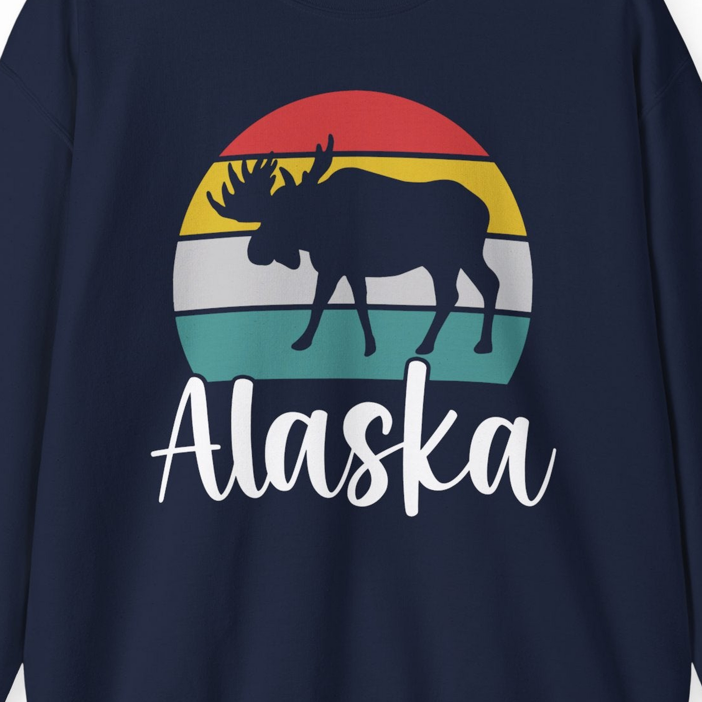Retro Alaska Moose Silhouette Shirt Sweatshirt – Navy – Alaska Cruise Shirts Close Up
