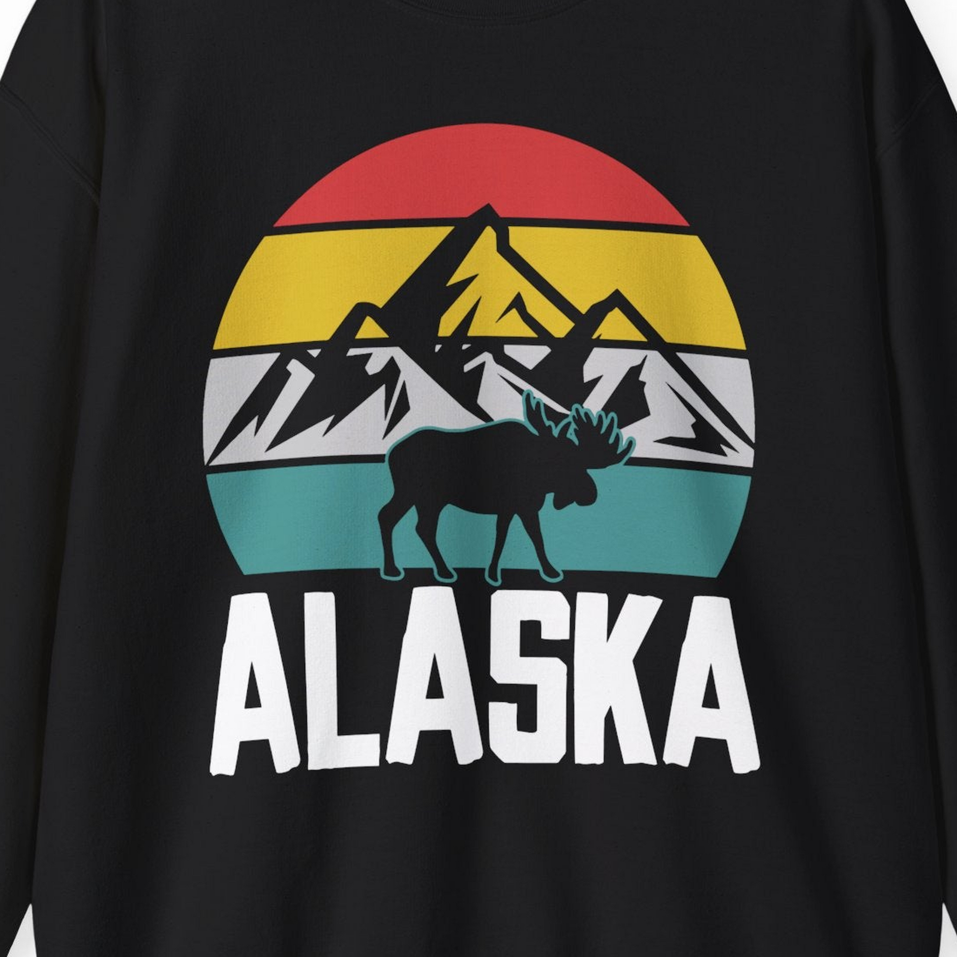 Retro Alaska Moose Silhouette Shirt Sweatshirt – Black – Alaska Cruise Shirts Close Up