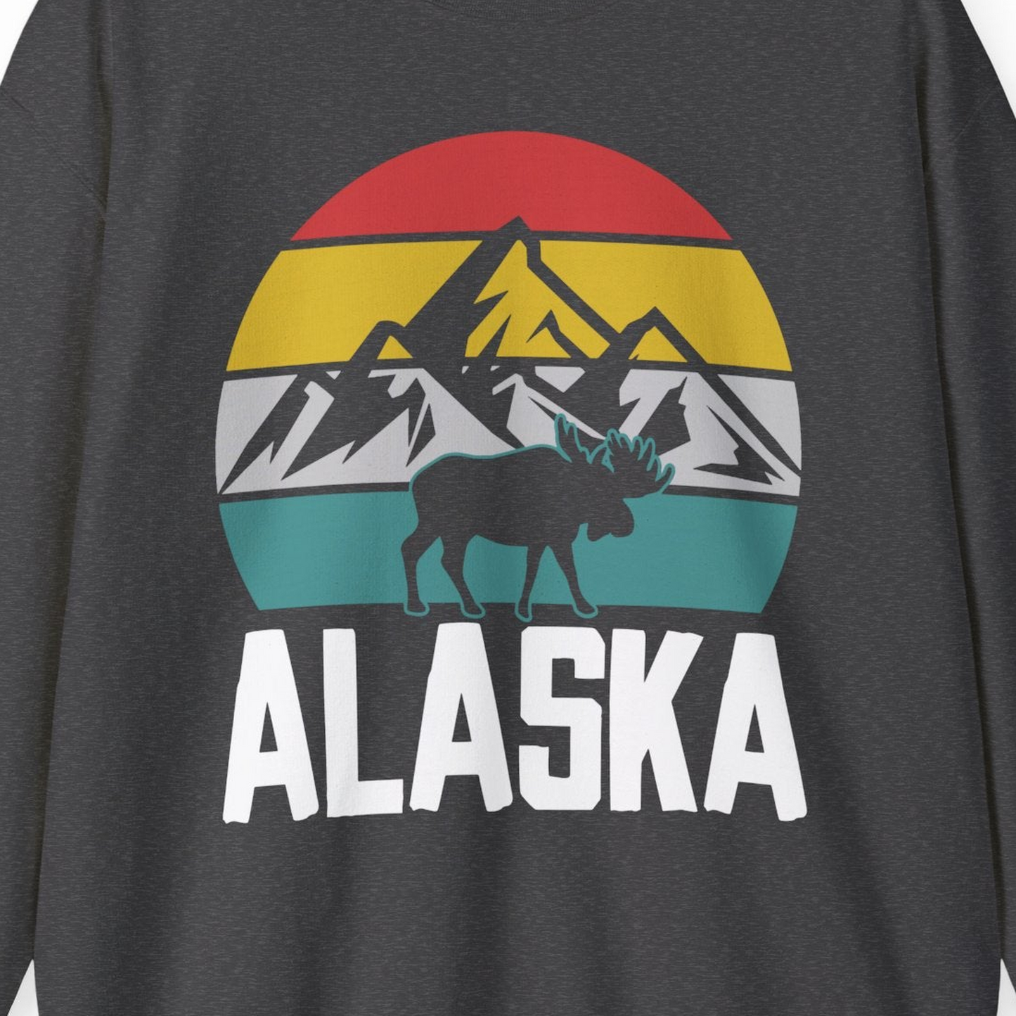 Retro Alaska Moose Silhouette Shirt Sweatshirt – Dark Heather – Alaska Cruise Shirts Close Up