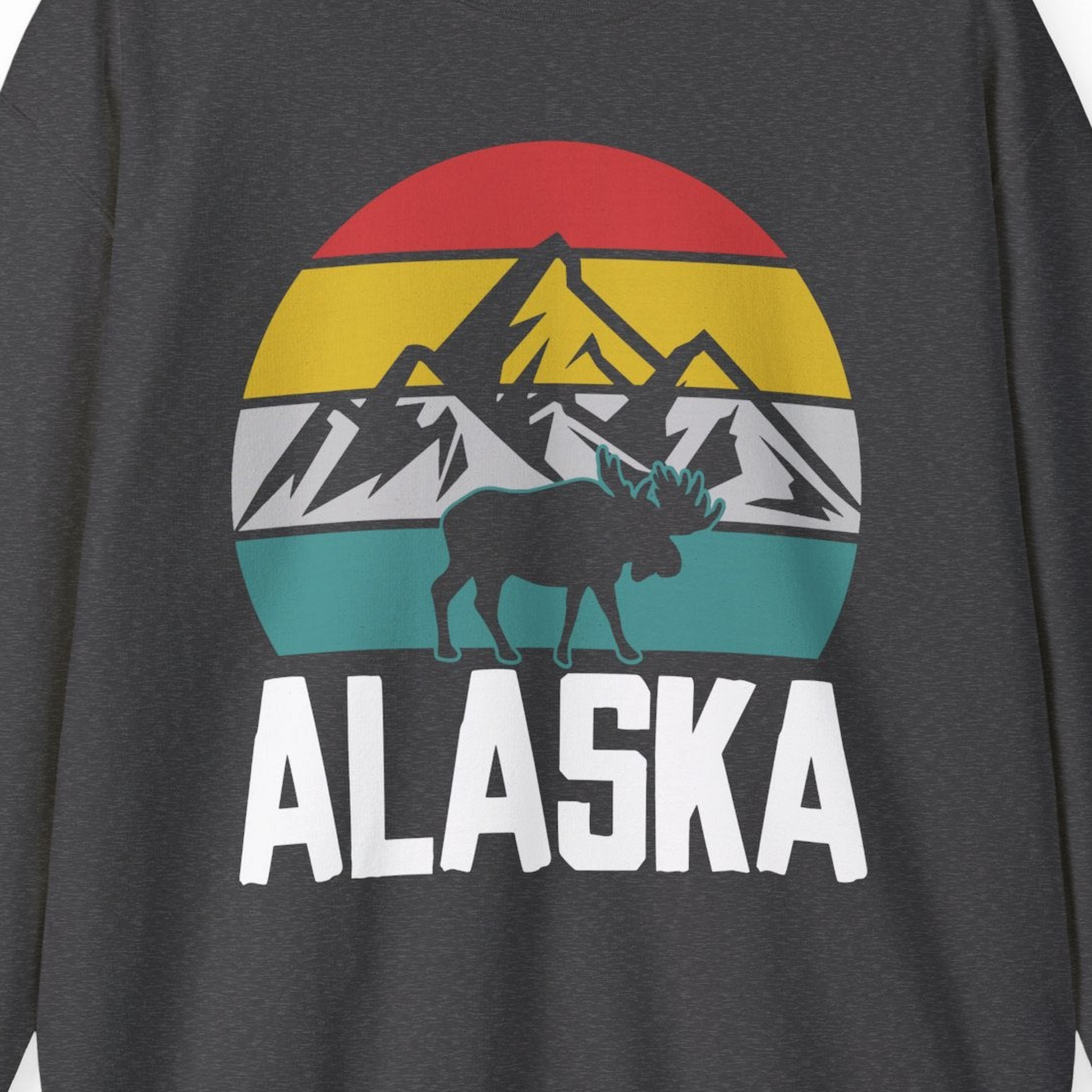 Retro Alaska Moose Silhouette Shirt Sweatshirt – Dark Heather – Alaska Cruise Shirts Close Up