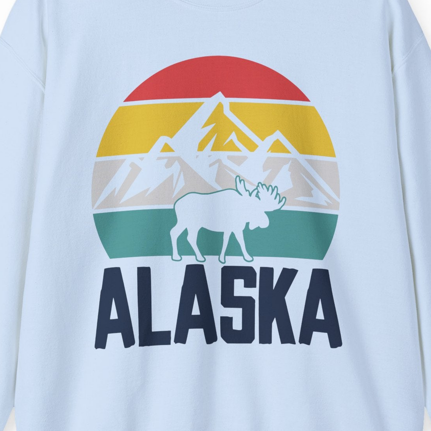 Retro Alaska Moose Silhouette Shirt Sweatshirt – Light Blue – Alaska Cruise Shirts Close Up