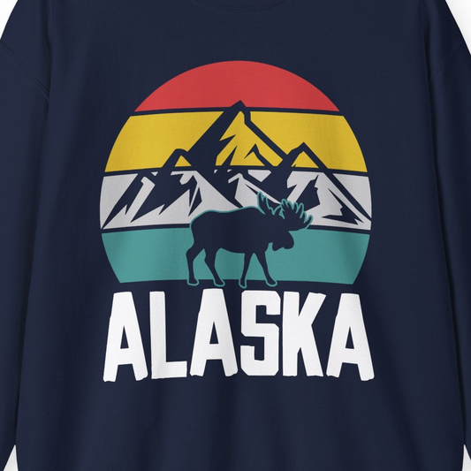 Retro Alaska Moose Silhouette Shirt Sweatshirt – Navy – Alaska Cruise Shirts Close Up