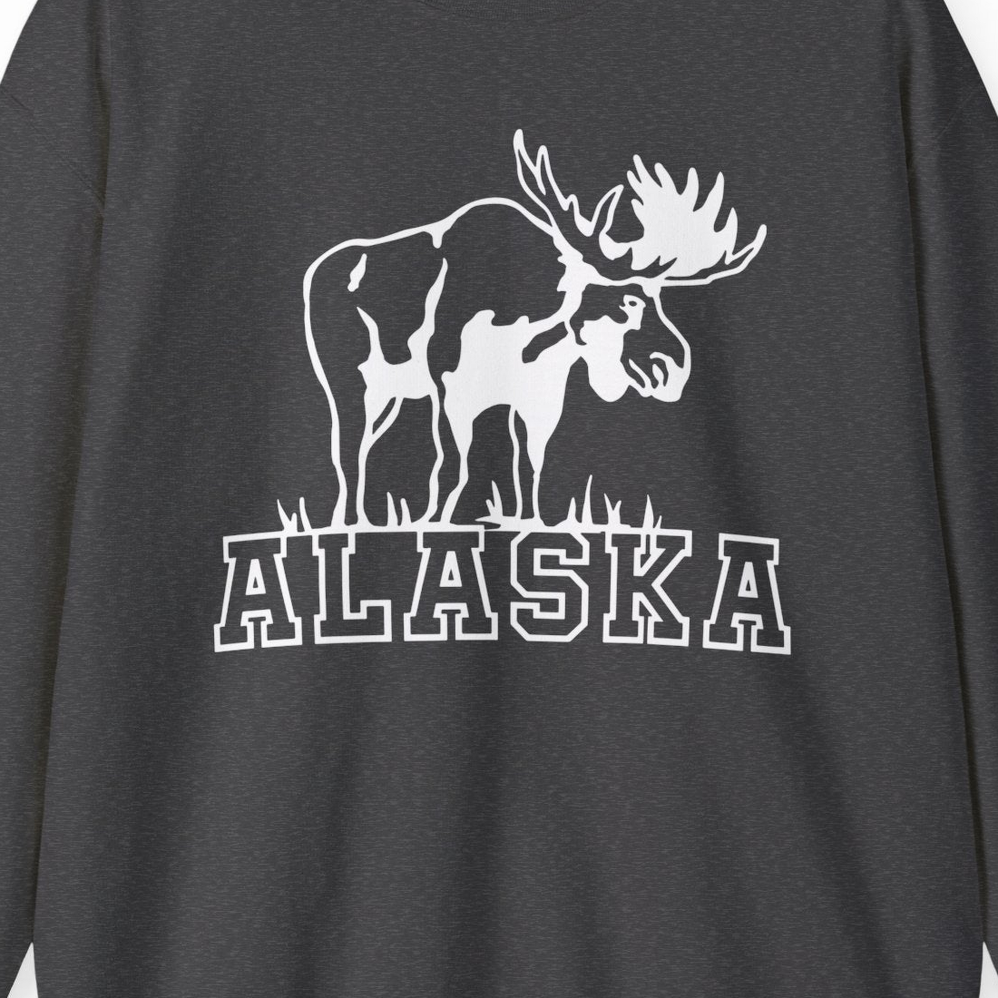 Alaska Moose Silhouette Shirt Sweatshirt – Dark Heather – Alaska Cruise Shirts Close Up