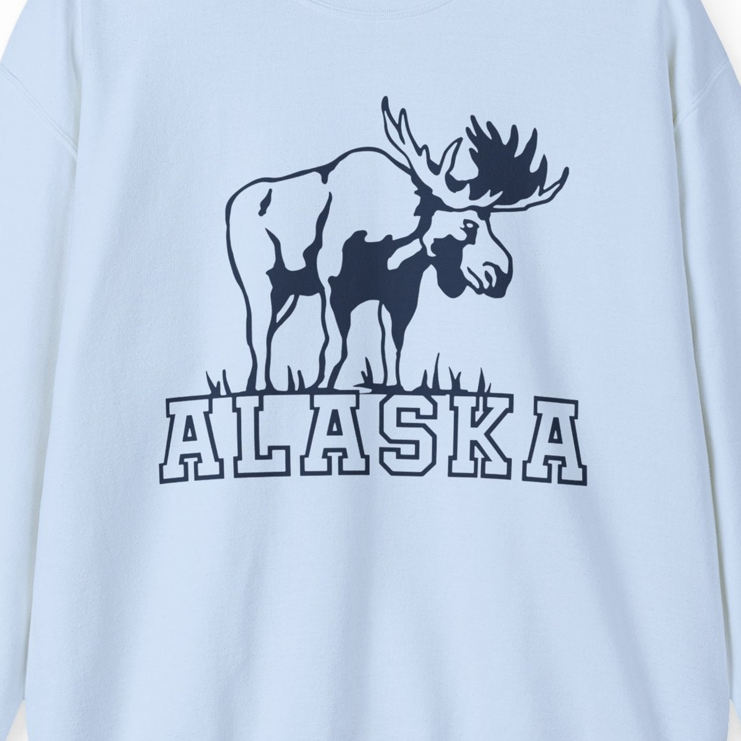 Alaska Moose Silhouette Shirt Sweatshirt – Light Blue – Alaska Cruise Shirts Close Up