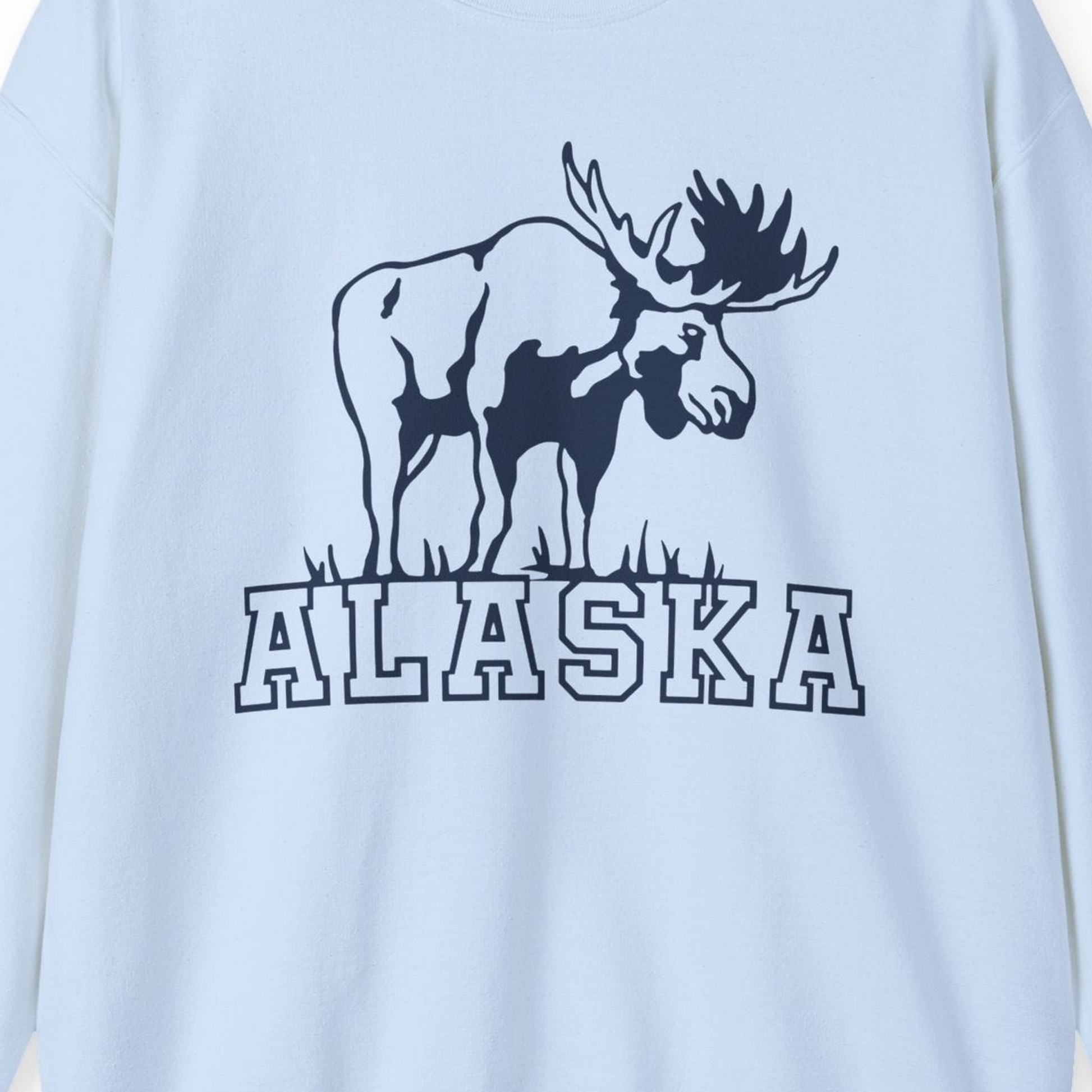 Alaska Moose Silhouette Shirt Sweatshirt – Light Blue – Alaska Cruise Shirts Close Up