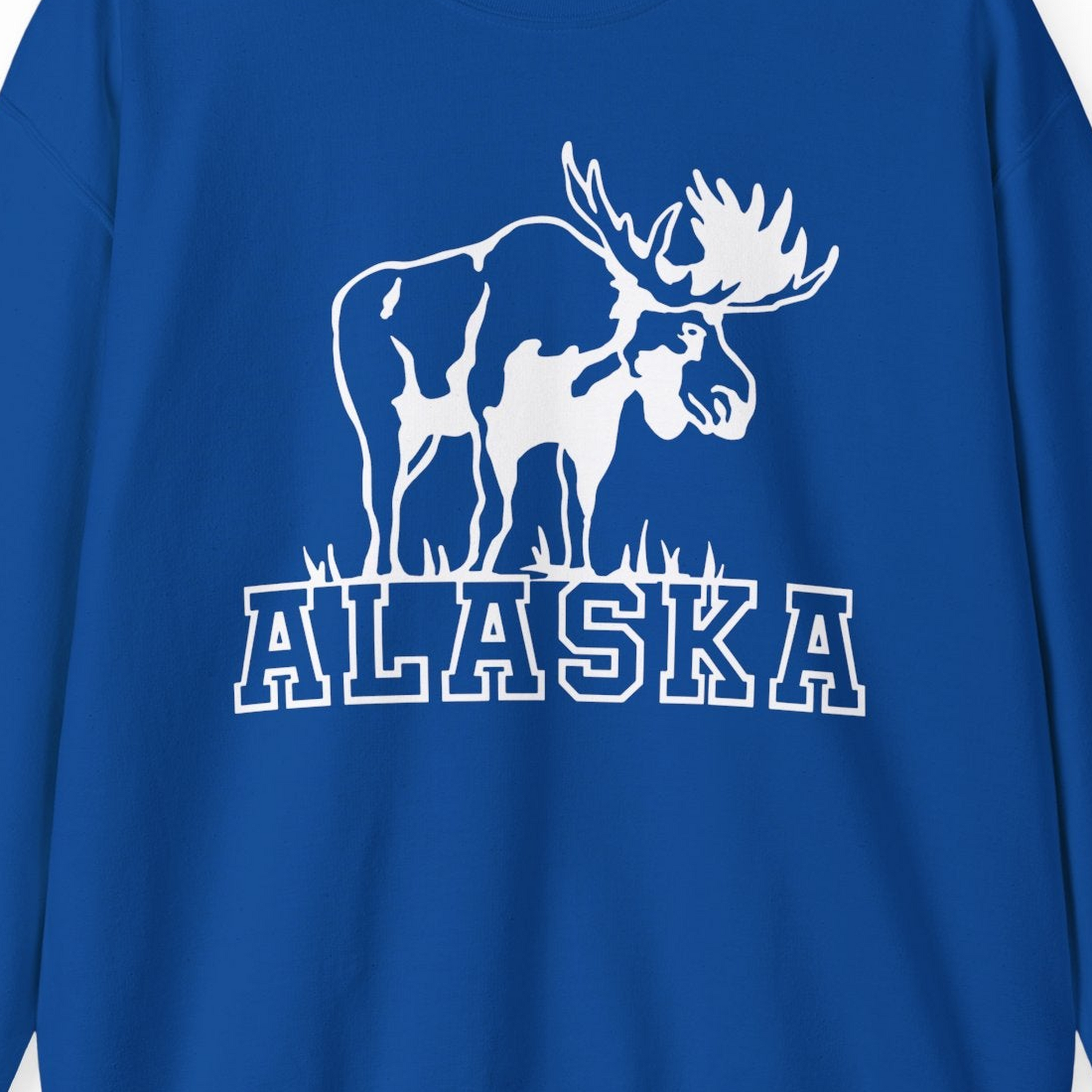 Alaska Moose Silhouette Shirt Sweatshirt – Royal – Alaska Cruise Shirts Close Up