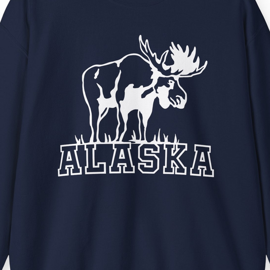 Alaska Moose Silhouette Shirt Sweatshirt – Navy – Alaska Cruise Shirts Close Up