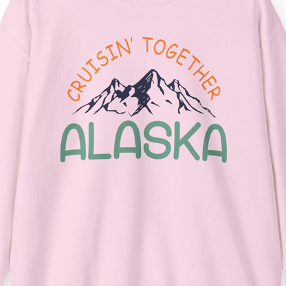 Cruisin Together Alaska Mountain Adventure Cruise Graphic Shirt — Sweatshirt Sweatshirt – Light Pink – Alaska Cruise Shirts Close Up