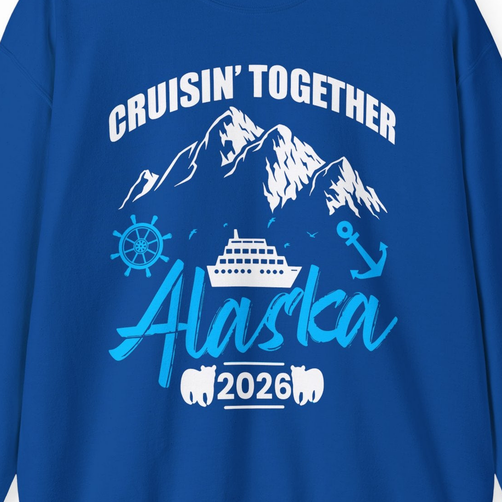 Alaska Cruise Group Adventure Shirt Sweatshirt – Royal – Alaska Cruise Shirts Close Up