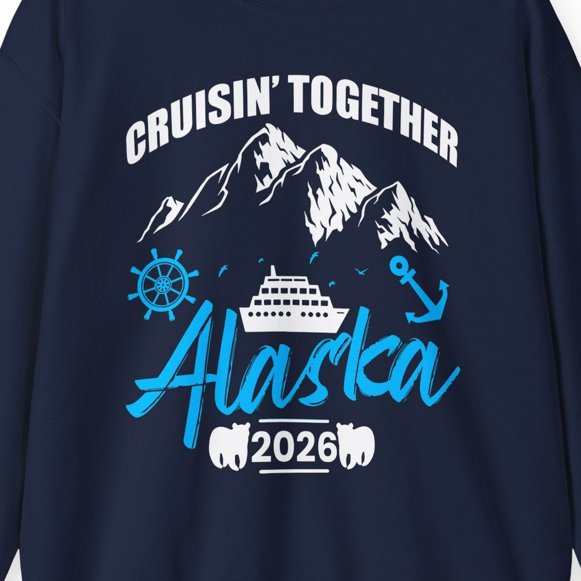 Alaska Cruise Group Adventure Shirt Sweatshirt – Navy – Alaska Cruise Shirts Close Up