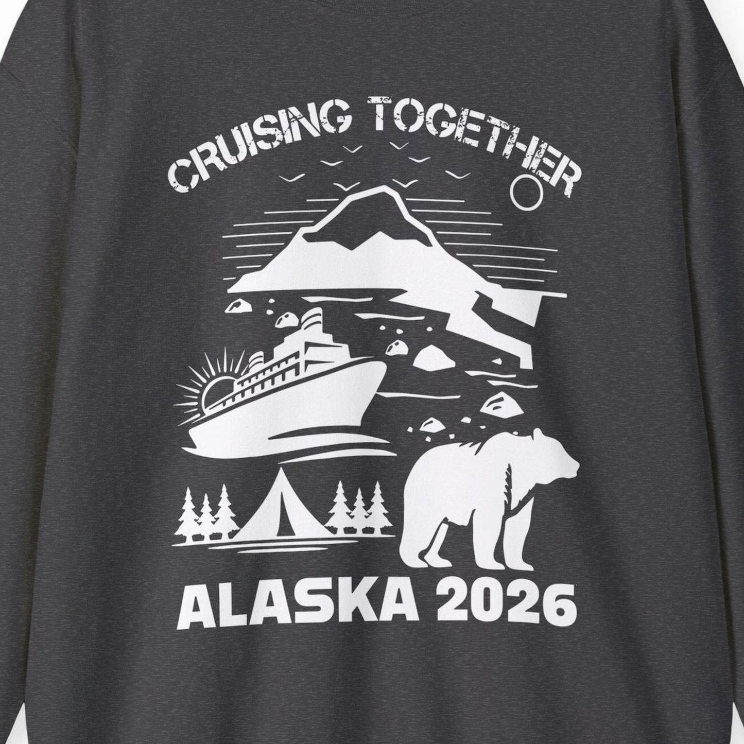 Alaska Cruise 2026 Family Adventure Bear Mountain Nature Shirt — Sweatshirt Sweatshirt – Dark Heather – Alaska Cruise Shirts Close Up