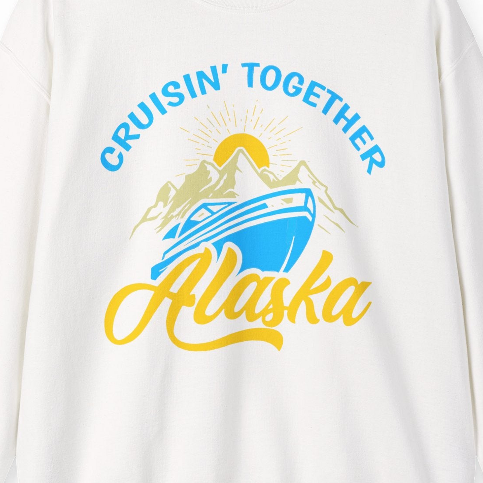 Alaska Cruise Adventure Mountains Sunrise Retro Shirt for Travelers — Sweatshirt Sweatshirt – White – Alaska Cruise Shirts Close Up