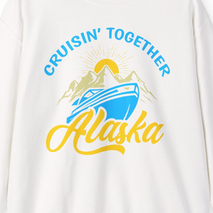 Alaska Cruise Adventure Mountains Sunrise Retro Shirt for Travelers — Sweatshirt Sweatshirt – White – Alaska Cruise Shirts Close Up