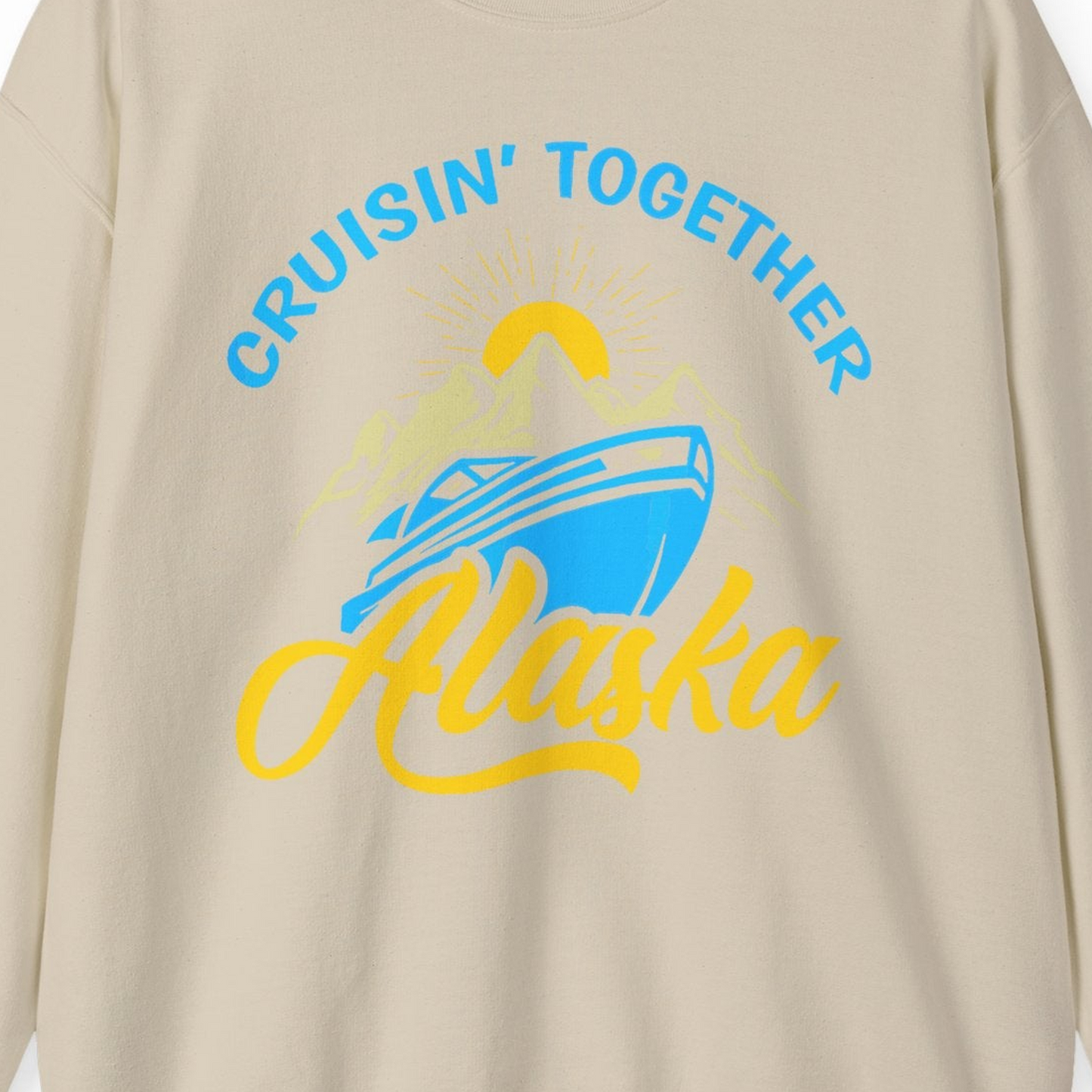 Alaska Cruise Adventure Mountains Sunrise Retro Shirt for Travelers — Sweatshirt Sweatshirt – Sand – Alaska Cruise Shirts Close Up
